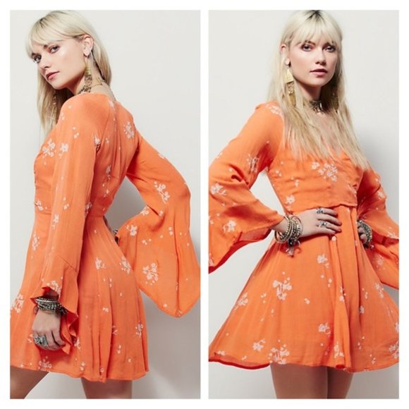 Free People Dresses & Skirts - New Free People Jasmine embroidered faux wrap surplice trumpet sleeve mini dress
